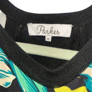 parker 100% SILK black green tropical banana leaf print tank sweater top…